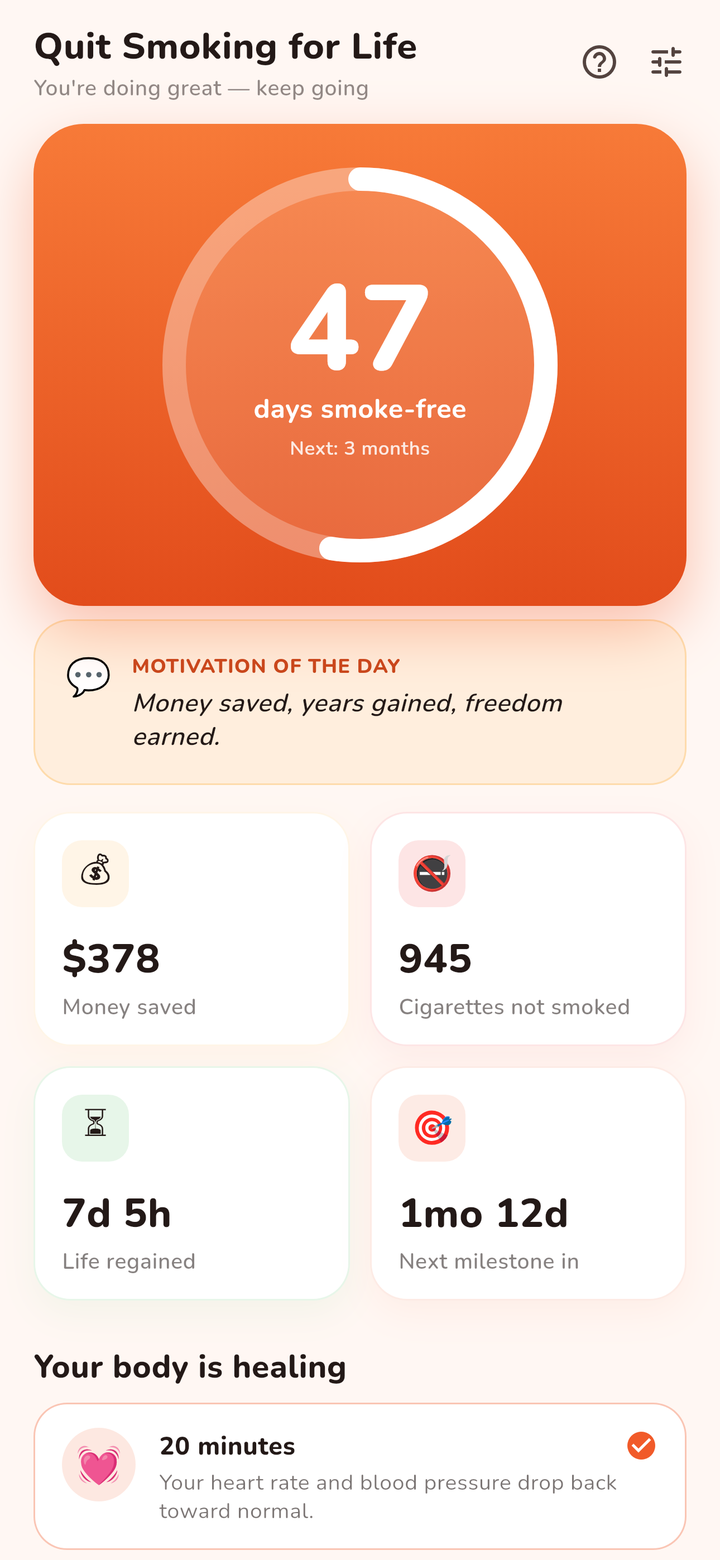 Quit Smoking for Life progress dashboard